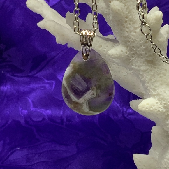 Purple Brazil Zebra Amethyst Necklace on Stainless Steel Silver Plated Chain - Picture 6 of 12